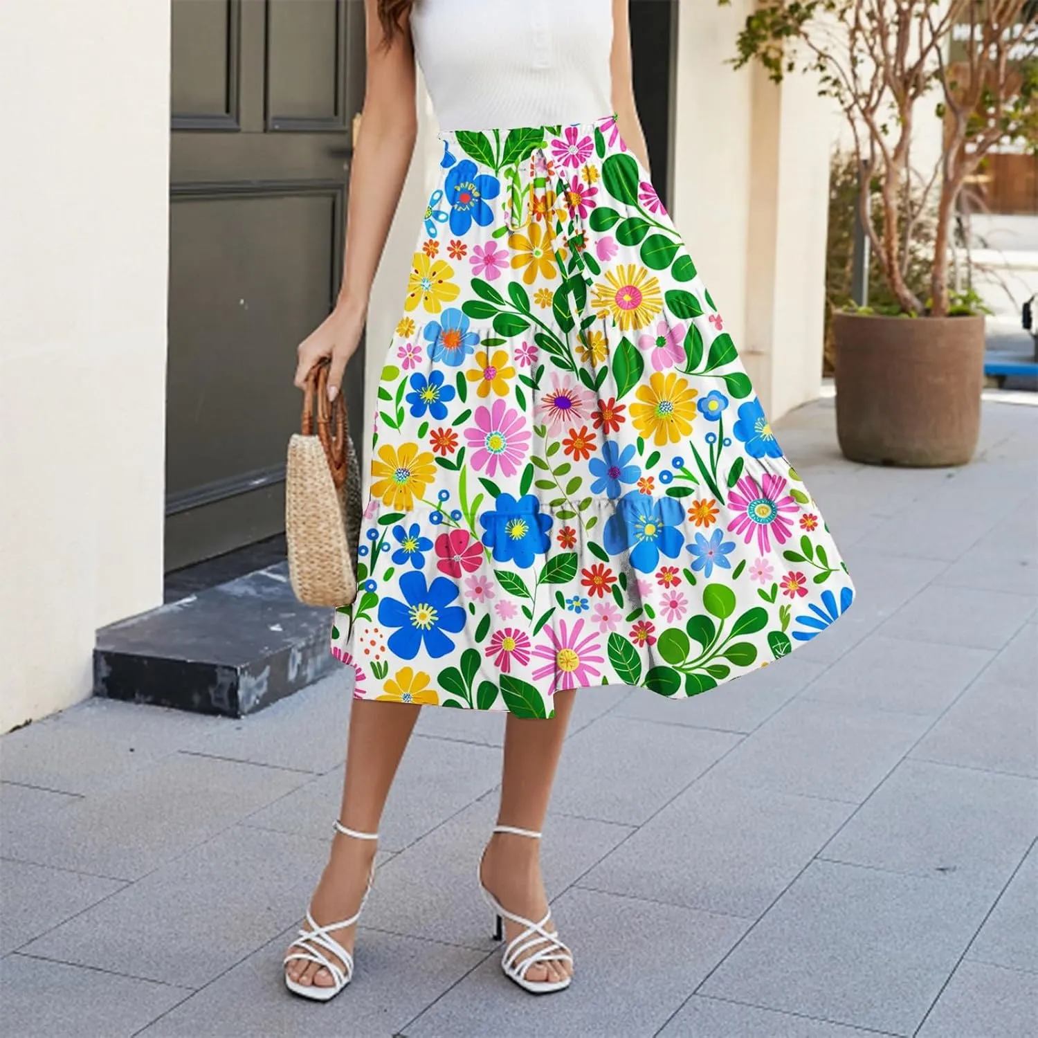 Flowy Midi Skirts for Women 2025 Summer Casual Floral High Waisted Plus Size Long Boho Work Skirt with Pockets