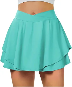 Flowy Skirts for Women Layered Ruffle Mini Skirts Solid Color Summer High Waisted Sports Athletic Yoga Golf Skirt