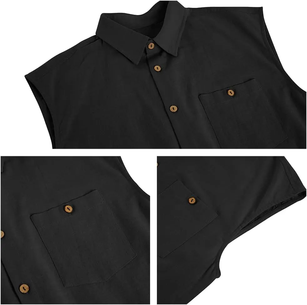 Fommykin Men's Linen Sleeveless Shirts Button Down Beach Tank Top Basic Solid Shirt Vest with Pocket