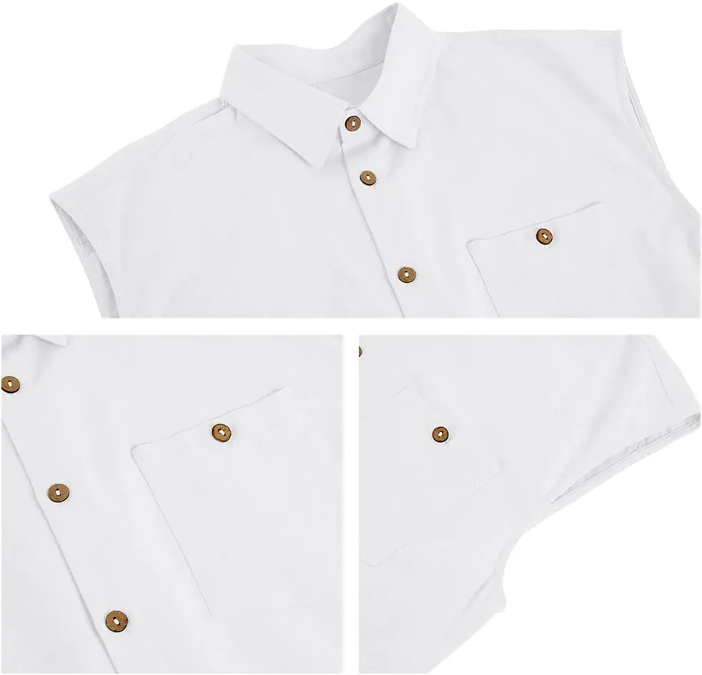 Fommykin Men's Linen Sleeveless Shirts Button Down Beach Tank Top Basic Solid Shirt Vest with Pocket