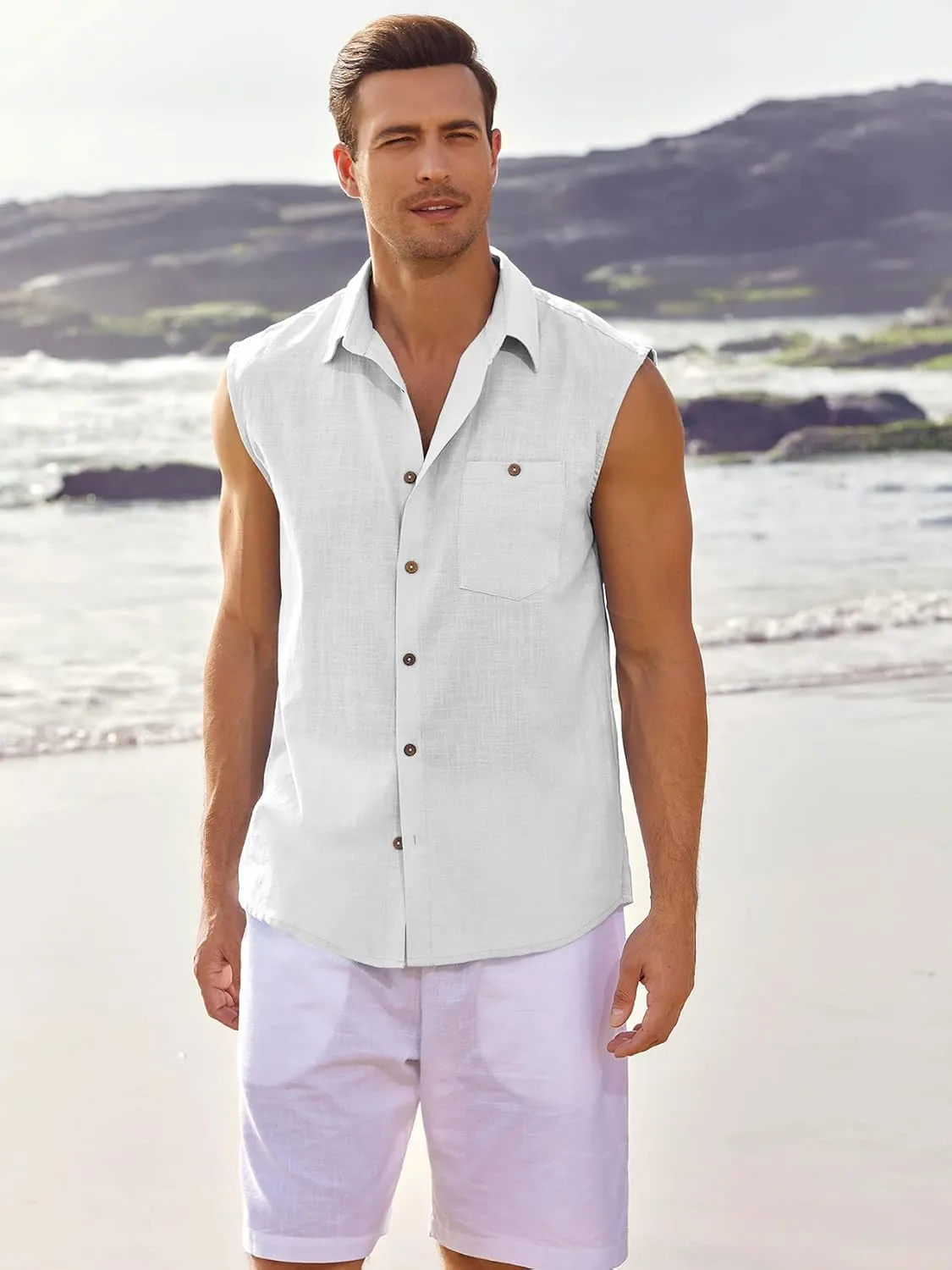 Fommykin Men's Linen Sleeveless Shirts Button Down Beach Tank Top Basic Solid Shirt Vest with Pocket