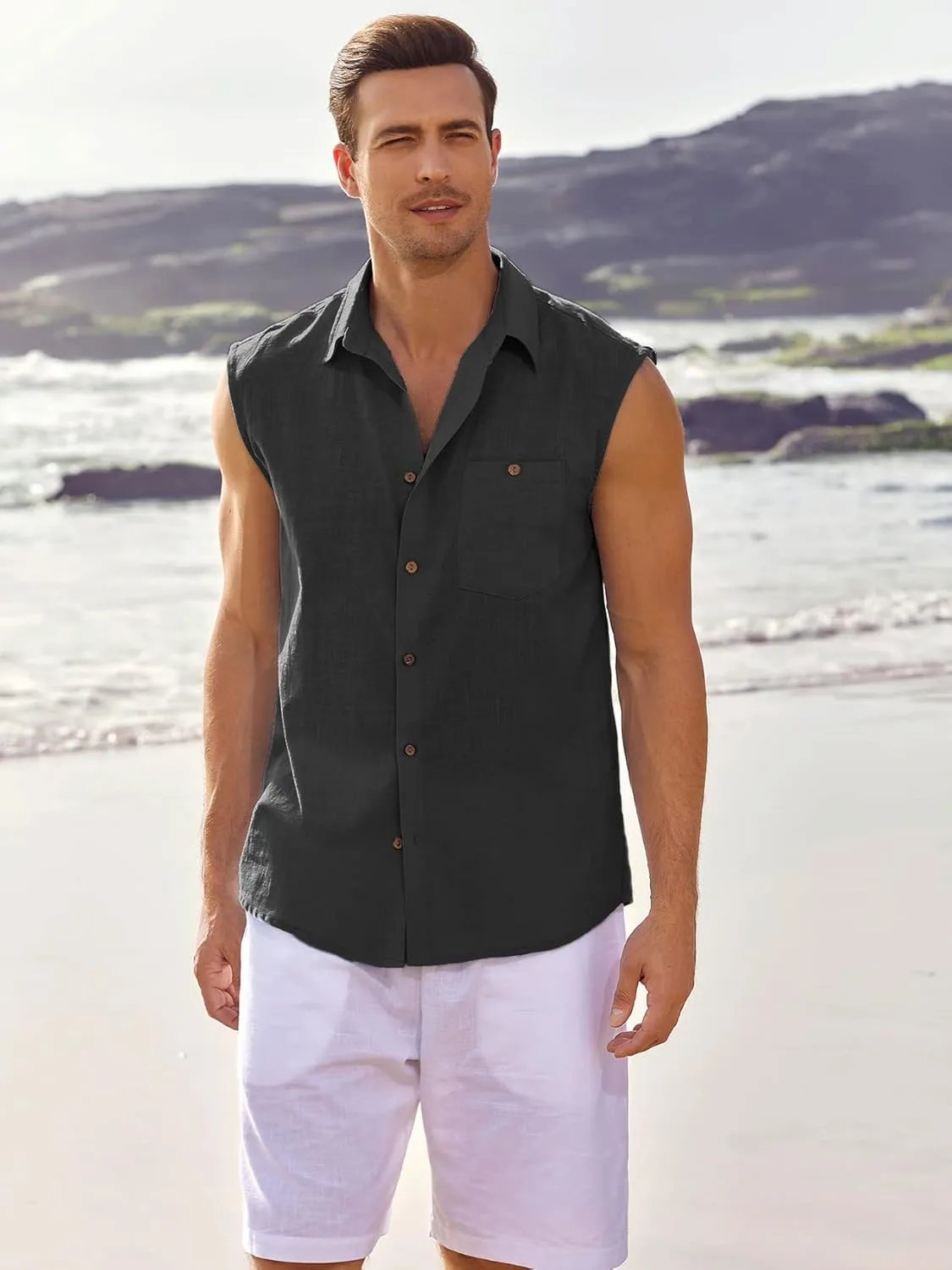 Fommykin Men's Linen Sleeveless Shirts Button Down Beach Tank Top Basic Solid Shirt Vest with Pocket