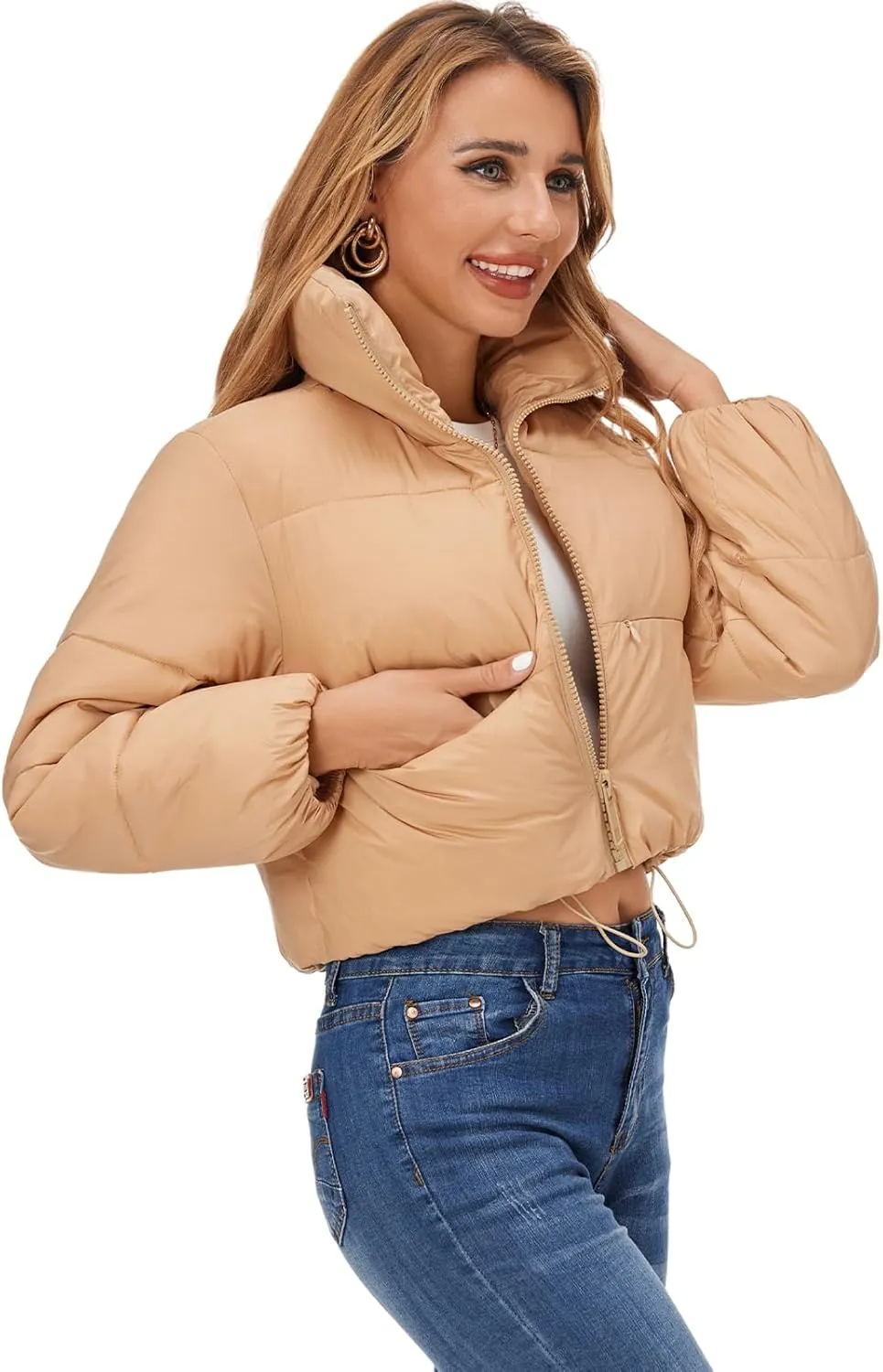 Fuinloth Women's Puffer Jacket, High Stand Collar Zip Pocket Crop Long Sleeve Coat
