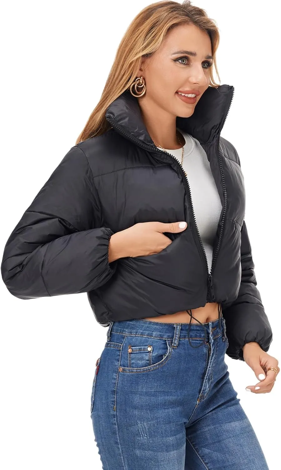 Fuinloth Women's Puffer Jacket, High Stand Collar Zip Pocket Crop Long Sleeve Coat