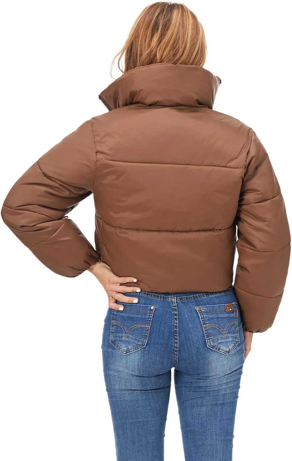 Fuinloth Women's Puffer Jacket, High Stand Collar Zip Pocket Crop Long Sleeve Coat