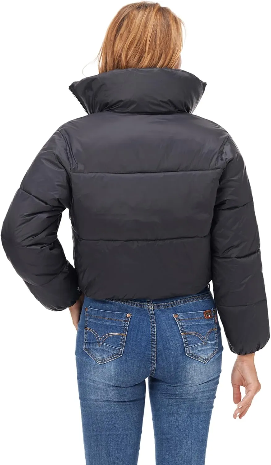 Fuinloth Women's Puffer Jacket, High Stand Collar Zip Pocket Crop Long Sleeve Coat