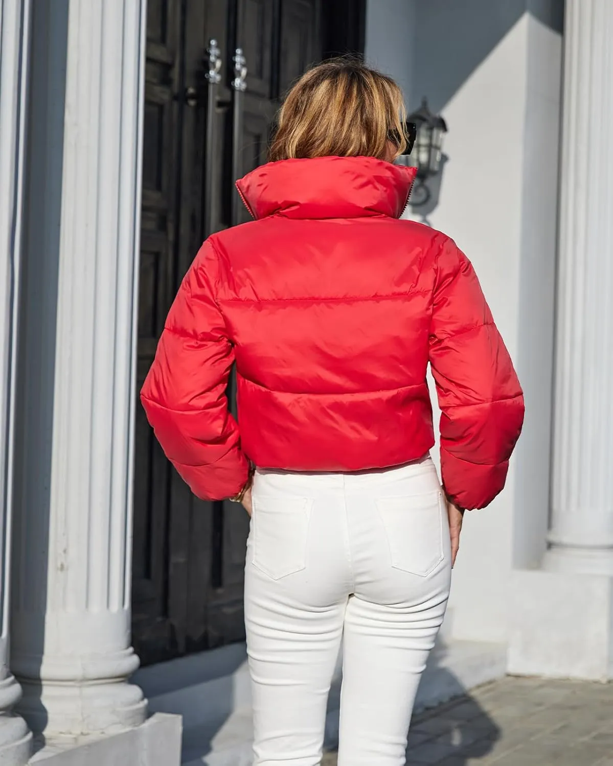 Fuinloth Women's Puffer Jacket, High Stand Collar Zip Pocket Crop Long Sleeve Coat