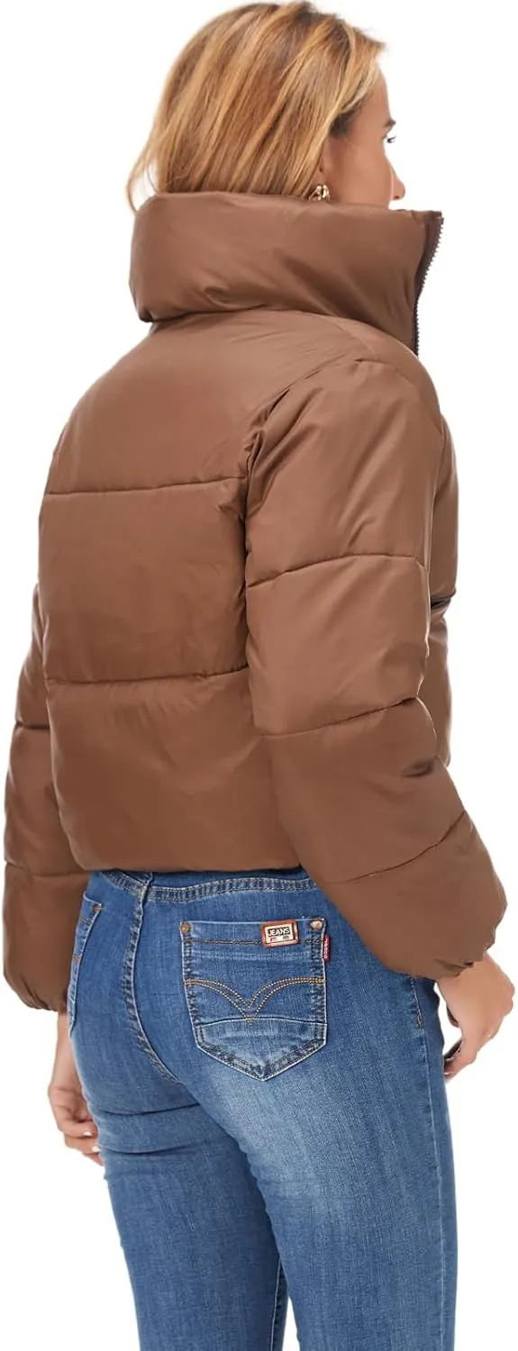 Fuinloth Women's Puffer Jacket, High Stand Collar Zip Pocket Crop Long Sleeve Coat