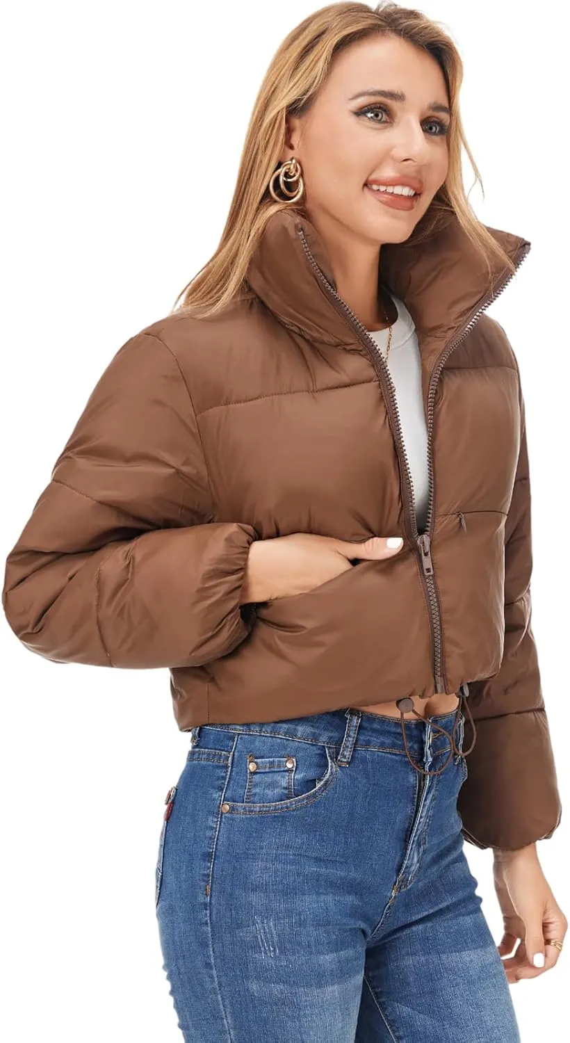 Fuinloth Women's Puffer Jacket, High Stand Collar Zip Pocket Crop Long Sleeve Coat