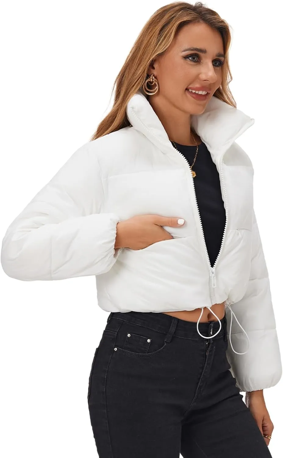 Fuinloth Women's Puffer Jacket, High Stand Collar Zip Pocket Crop Long Sleeve Coat