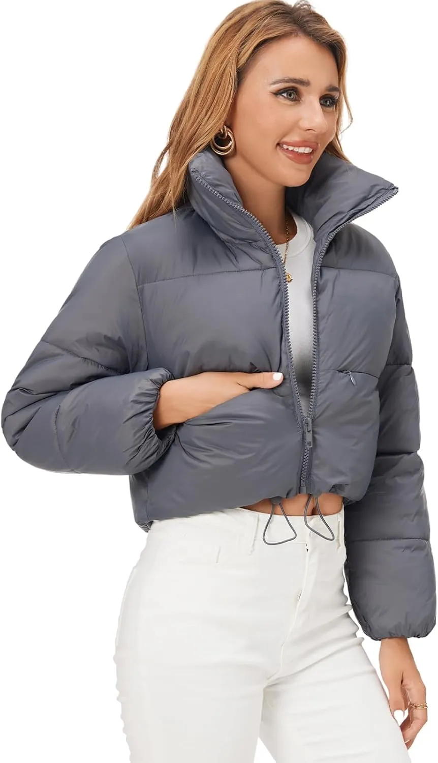 Fuinloth Women's Puffer Jacket, High Stand Collar Zip Pocket Crop Long Sleeve Coat