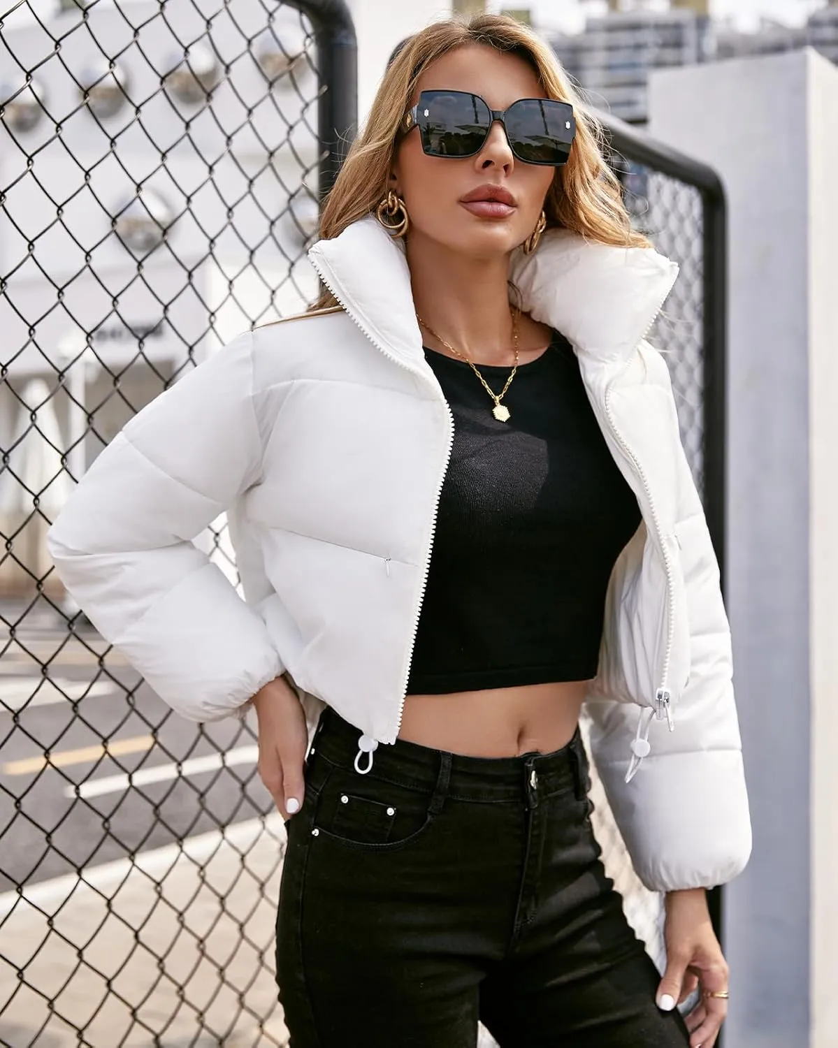 Fuinloth Women's Puffer Jacket, High Stand Collar Zip Pocket Crop Long Sleeve Coat