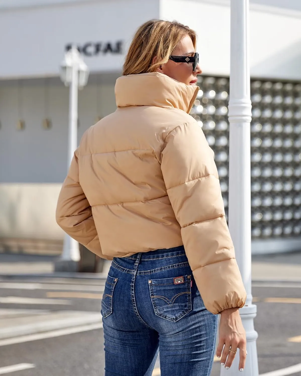 Fuinloth Women's Puffer Jacket, High Stand Collar Zip Pocket Crop Long Sleeve Coat