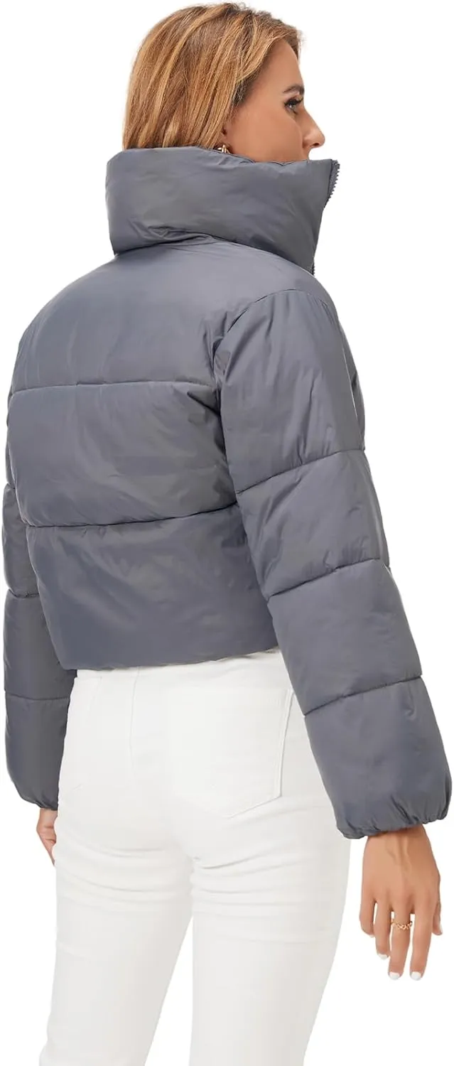 Fuinloth Women's Puffer Jacket, High Stand Collar Zip Pocket Crop Long Sleeve Coat