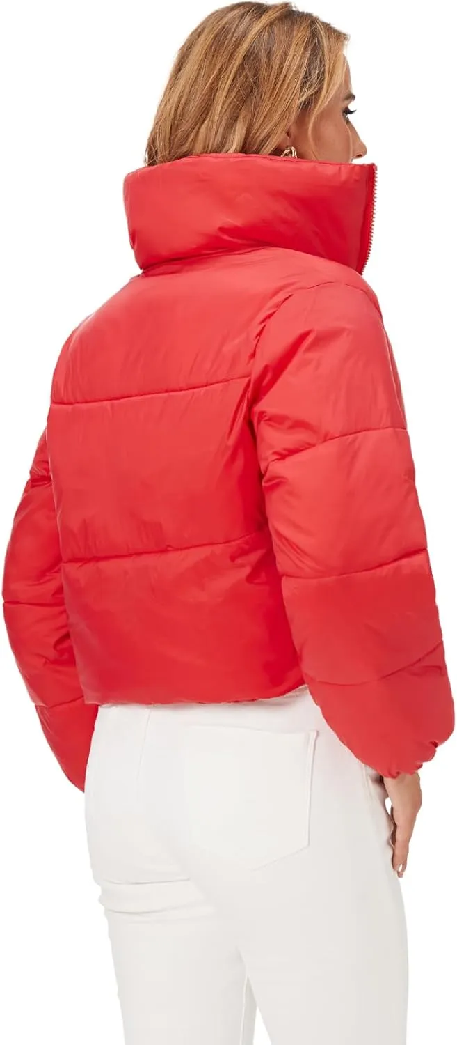 Fuinloth Women's Puffer Jacket, High Stand Collar Zip Pocket Crop Long Sleeve Coat