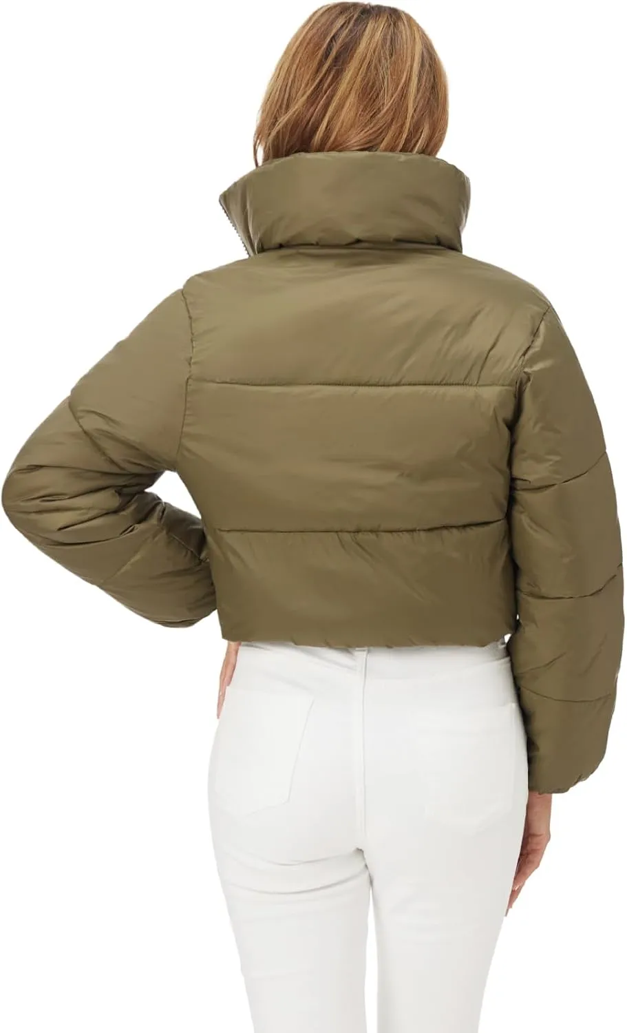 Fuinloth Women's Puffer Jacket, High Stand Collar Zip Pocket Crop Long Sleeve Coat