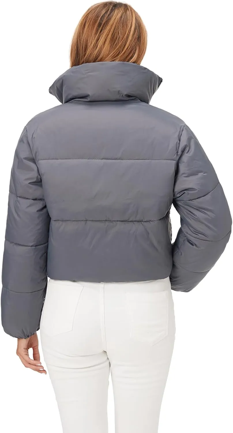 Fuinloth Women's Puffer Jacket, High Stand Collar Zip Pocket Crop Long Sleeve Coat