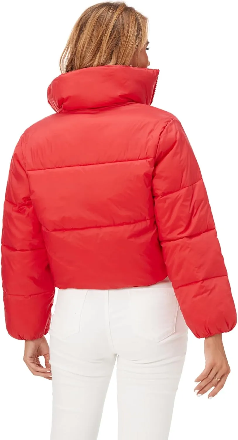 Fuinloth Women's Puffer Jacket, High Stand Collar Zip Pocket Crop Long Sleeve Coat
