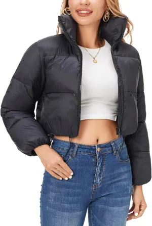 Fuinloth Women's Puffer Jacket, High Stand Collar Zip Pocket Crop Long Sleeve Coat