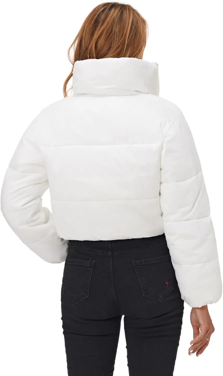 Fuinloth Women's Puffer Jacket, High Stand Collar Zip Pocket Crop Long Sleeve Coat