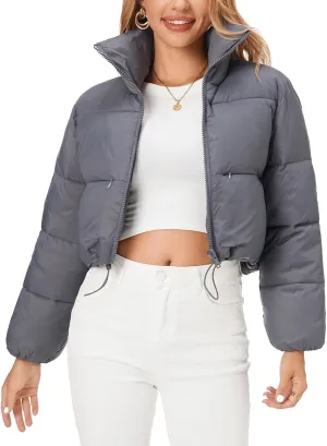Fuinloth Women's Puffer Jacket, High Stand Collar Zip Pocket Crop Long Sleeve Coat