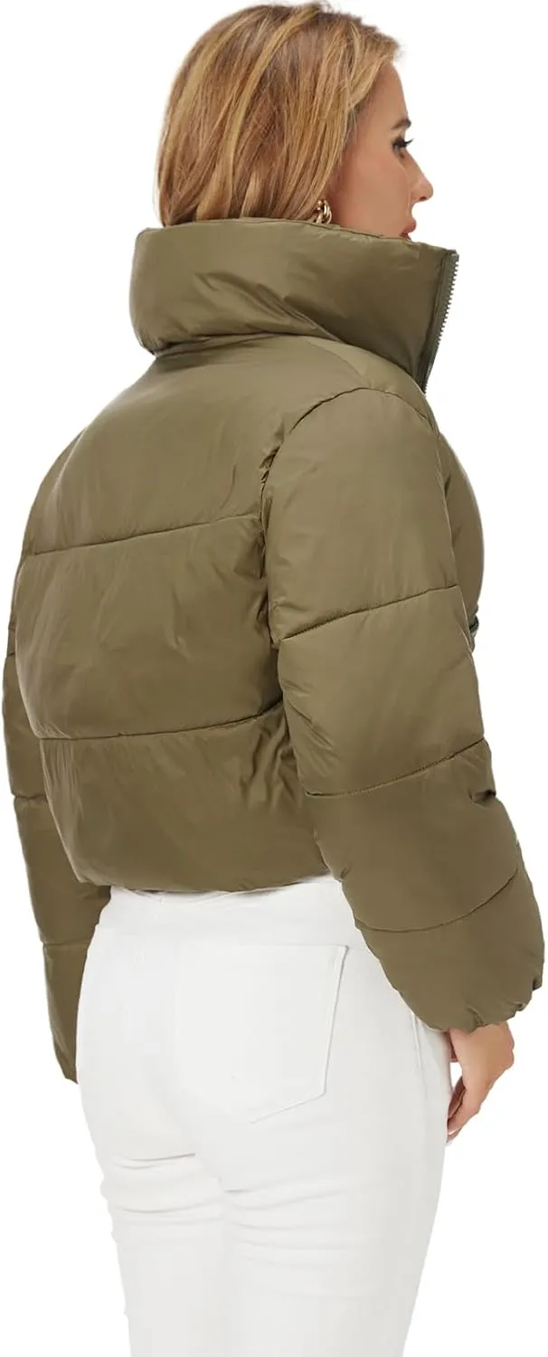 Fuinloth Women's Puffer Jacket, High Stand Collar Zip Pocket Crop Long Sleeve Coat