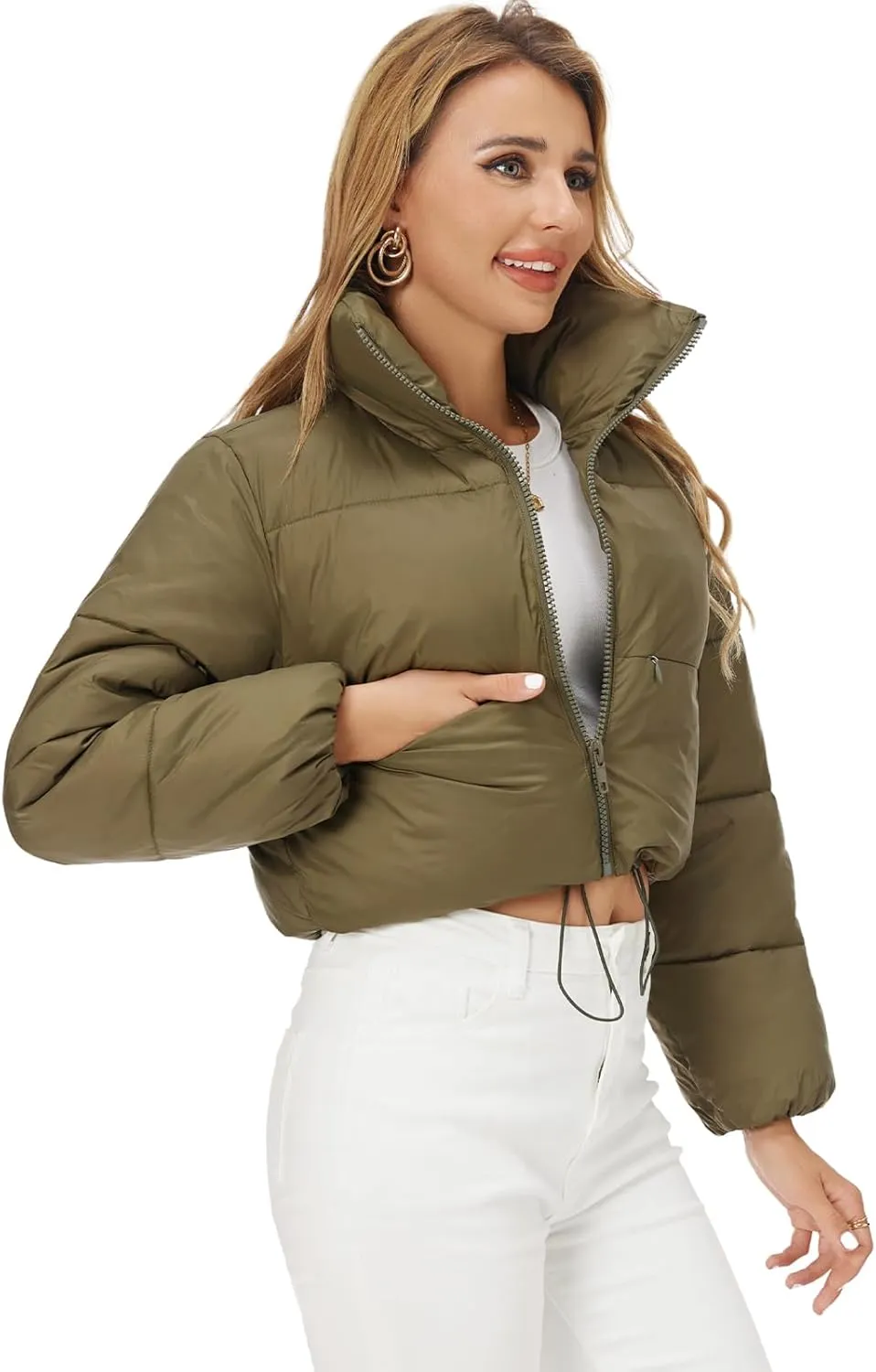 Fuinloth Women's Puffer Jacket, High Stand Collar Zip Pocket Crop Long Sleeve Coat