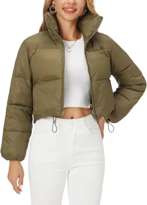 Fuinloth Women's Puffer Jacket, High Stand Collar Zip Pocket Crop Long Sleeve Coat