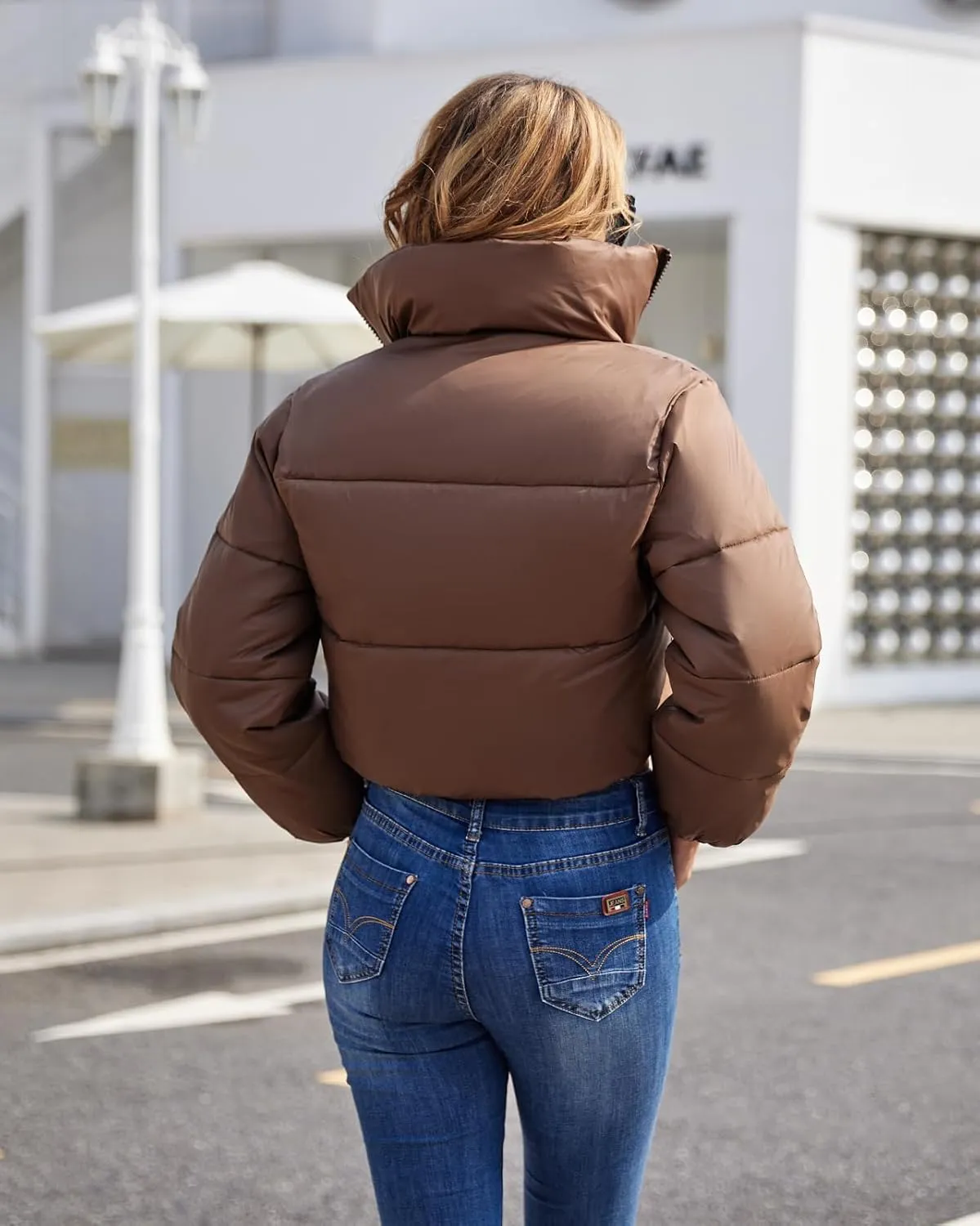 Fuinloth Women's Puffer Jacket, High Stand Collar Zip Pocket Crop Long Sleeve Coat