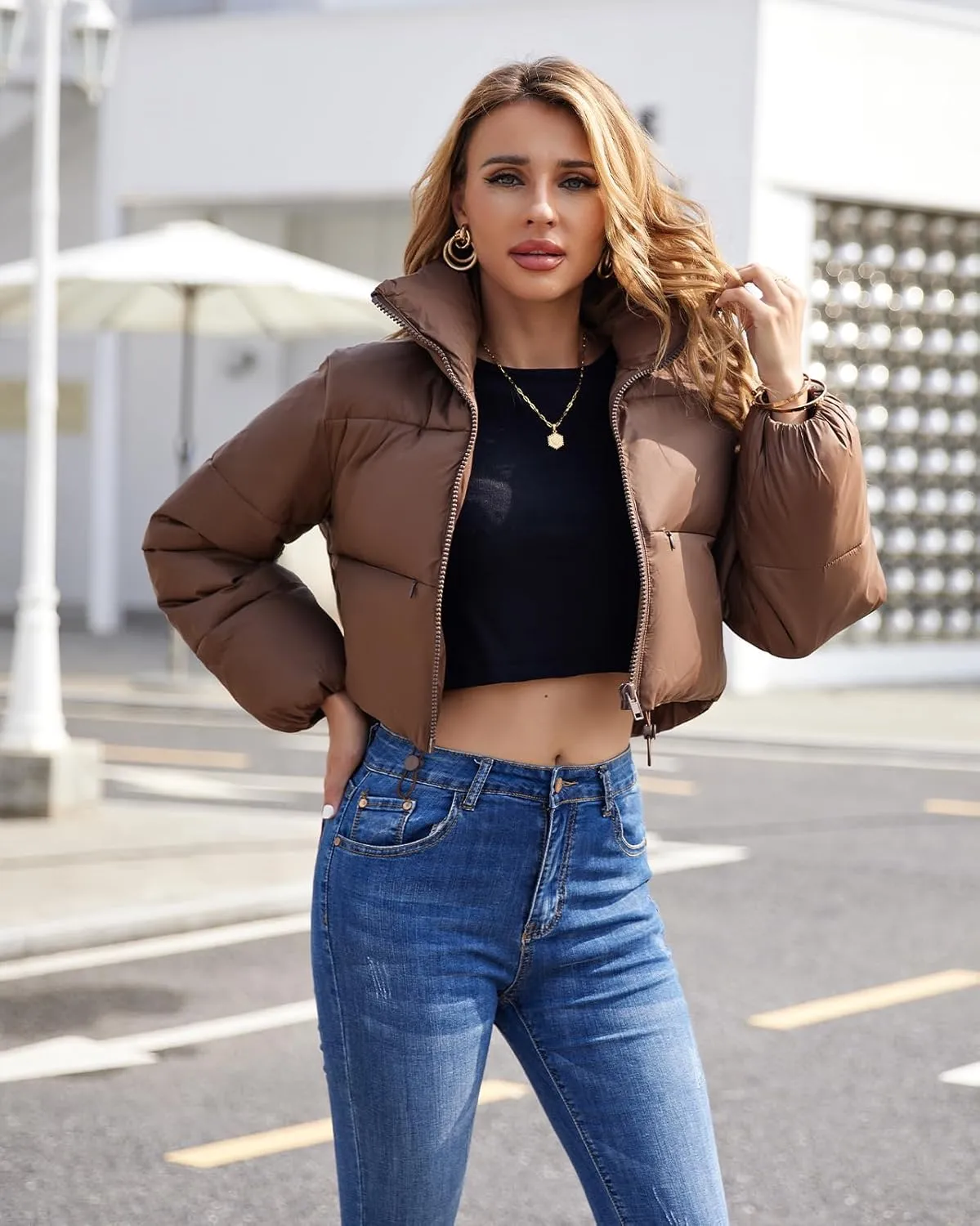 Fuinloth Women's Puffer Jacket, High Stand Collar Zip Pocket Crop Long Sleeve Coat