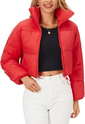 Fuinloth Women's Puffer Jacket, High Stand Collar Zip Pocket Crop Long Sleeve Coat