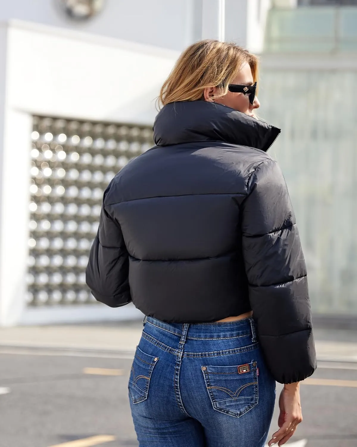 Fuinloth Women's Puffer Jacket, High Stand Collar Zip Pocket Crop Long Sleeve Coat