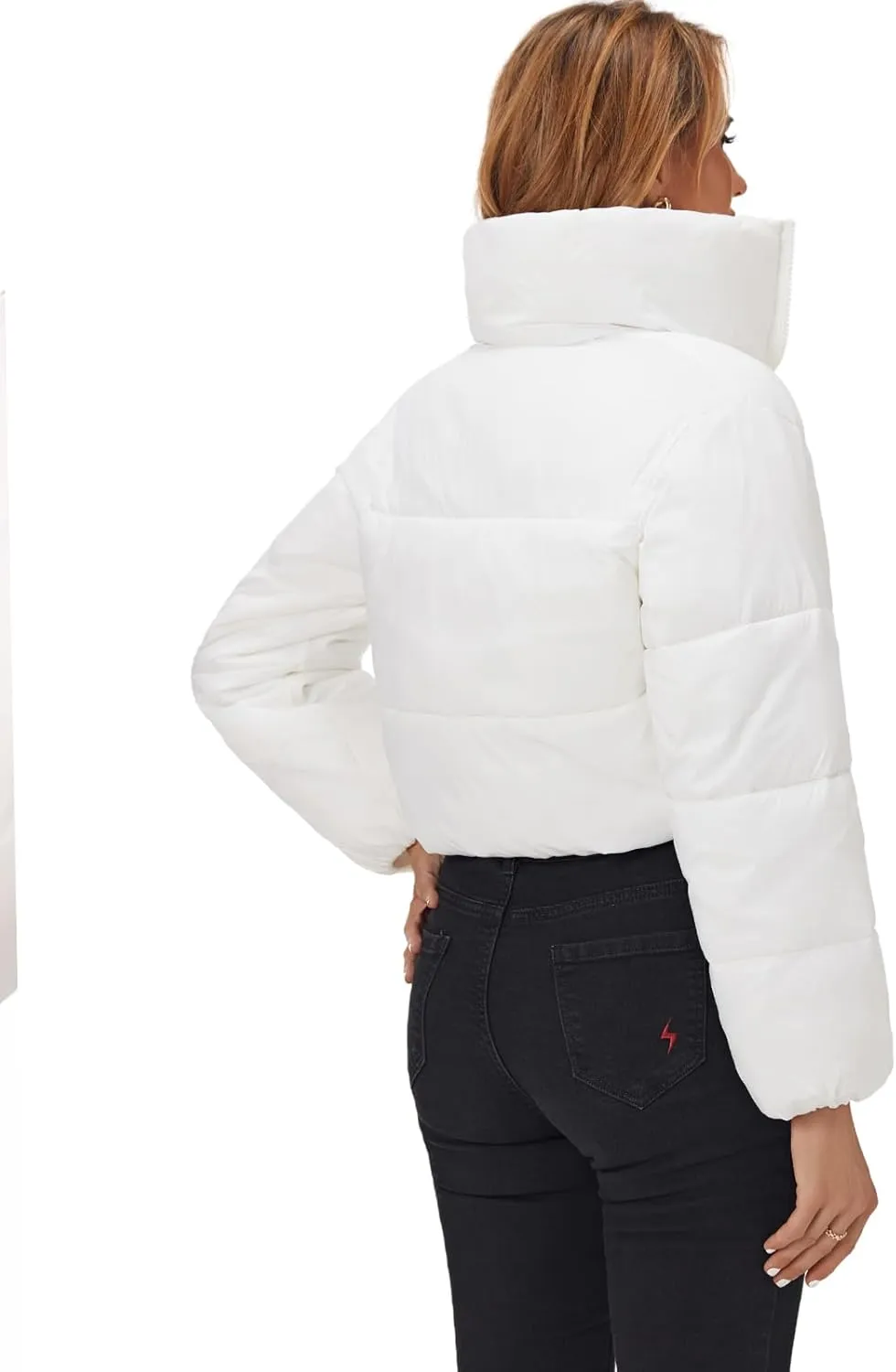 Fuinloth Women's Puffer Jacket, High Stand Collar Zip Pocket Crop Long Sleeve Coat