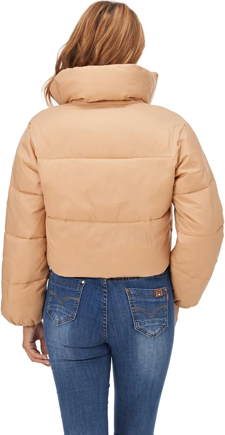 Fuinloth Women's Puffer Jacket, High Stand Collar Zip Pocket Crop Long Sleeve Coat