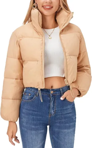Fuinloth Women's Puffer Jacket, High Stand Collar Zip Pocket Crop Long Sleeve Coat