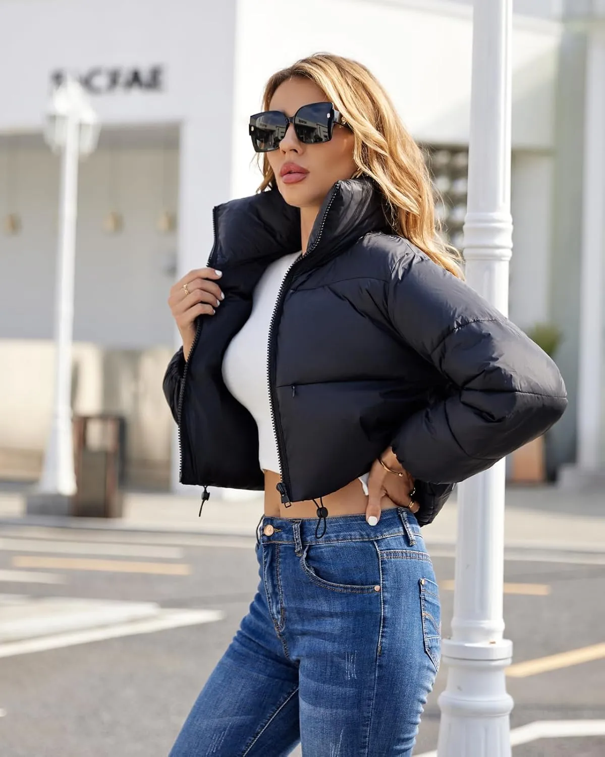 Fuinloth Women's Puffer Jacket, High Stand Collar Zip Pocket Crop Long Sleeve Coat
