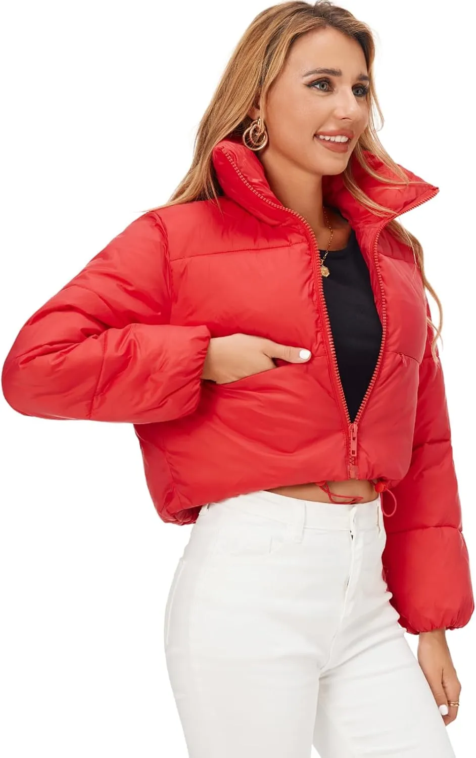 Fuinloth Women's Puffer Jacket, High Stand Collar Zip Pocket Crop Long Sleeve Coat