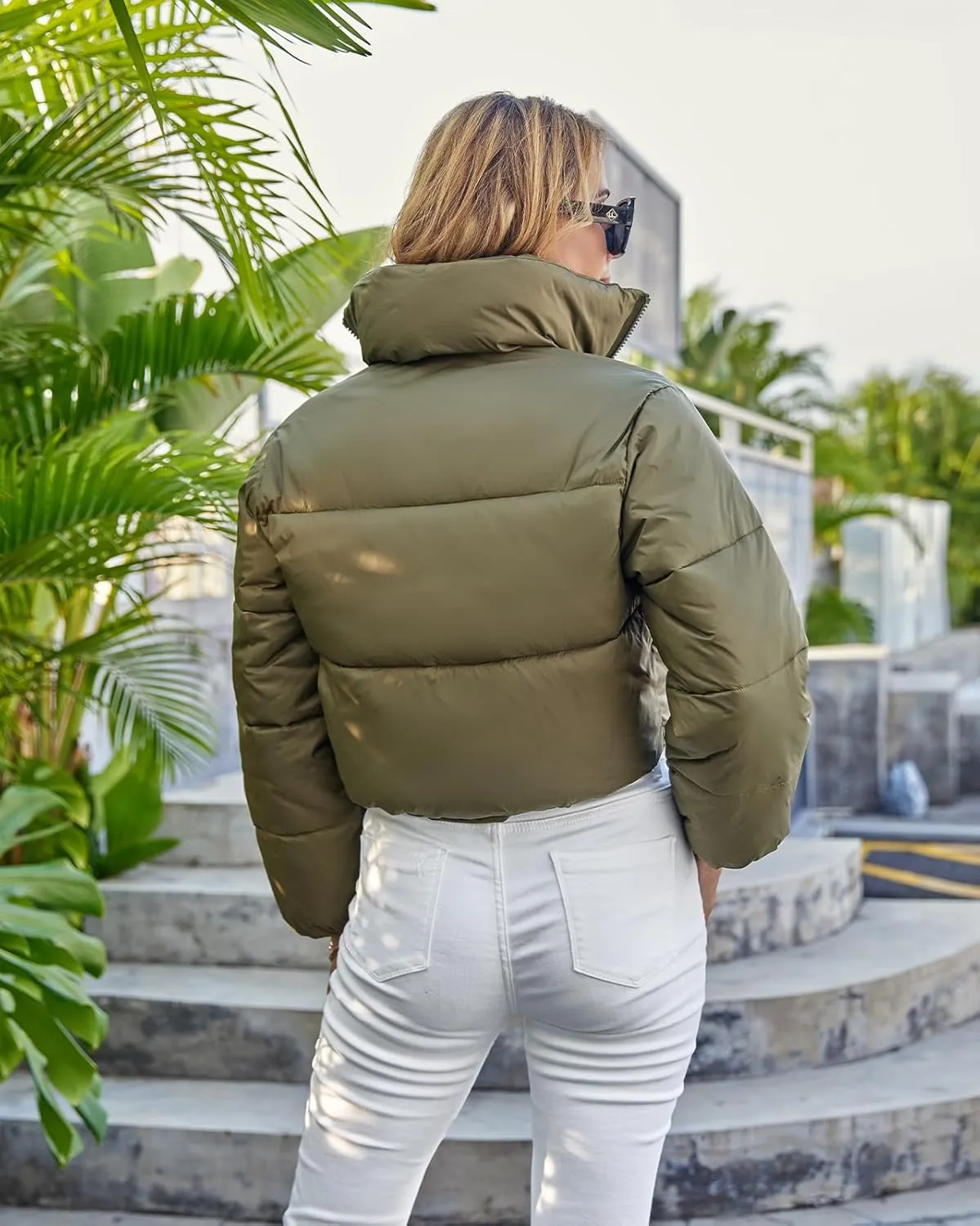 Fuinloth Women's Puffer Jacket, High Stand Collar Zip Pocket Crop Long Sleeve Coat