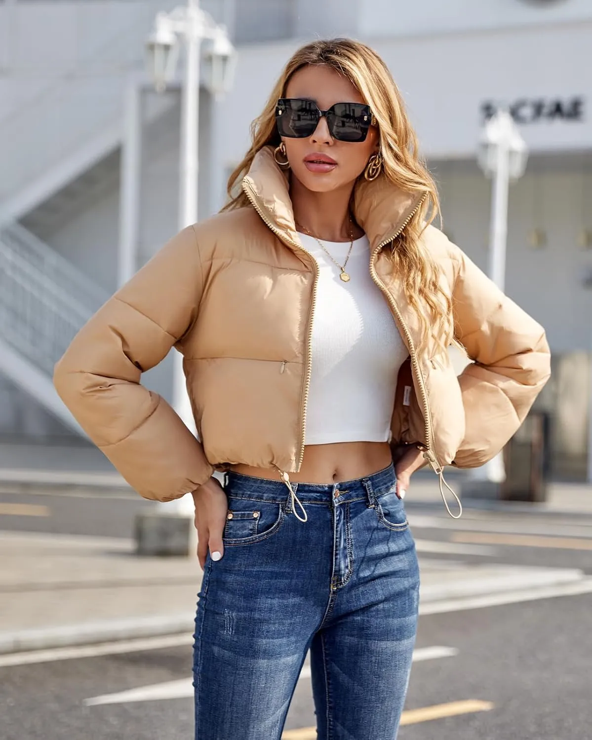 Fuinloth Women's Puffer Jacket, High Stand Collar Zip Pocket Crop Long Sleeve Coat