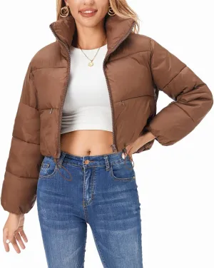 Fuinloth Women's Puffer Jacket, High Stand Collar Zip Pocket Crop Long Sleeve Coat