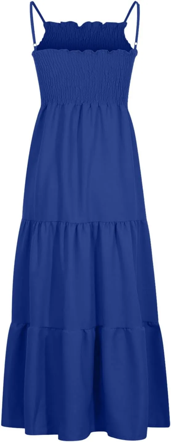 FZYLQY Womens Bohemian Dresses Spaghetti Strap Smocked Tiered Long Beach Sundresses Summer Sleeveless Solid Flowy Maxi Dress