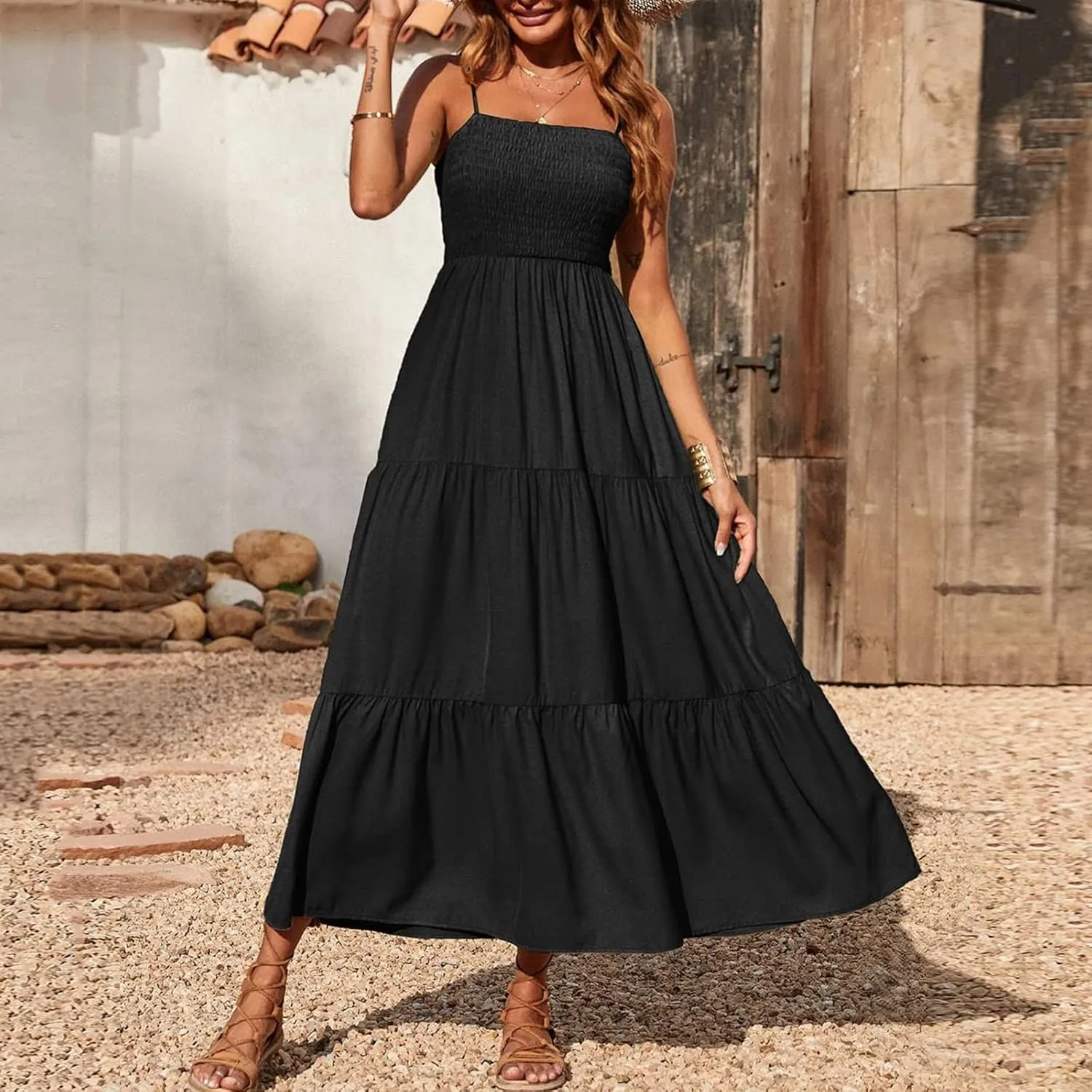 FZYLQY Womens Bohemian Dresses Spaghetti Strap Smocked Tiered Long Beach Sundresses Summer Sleeveless Solid Flowy Maxi Dress