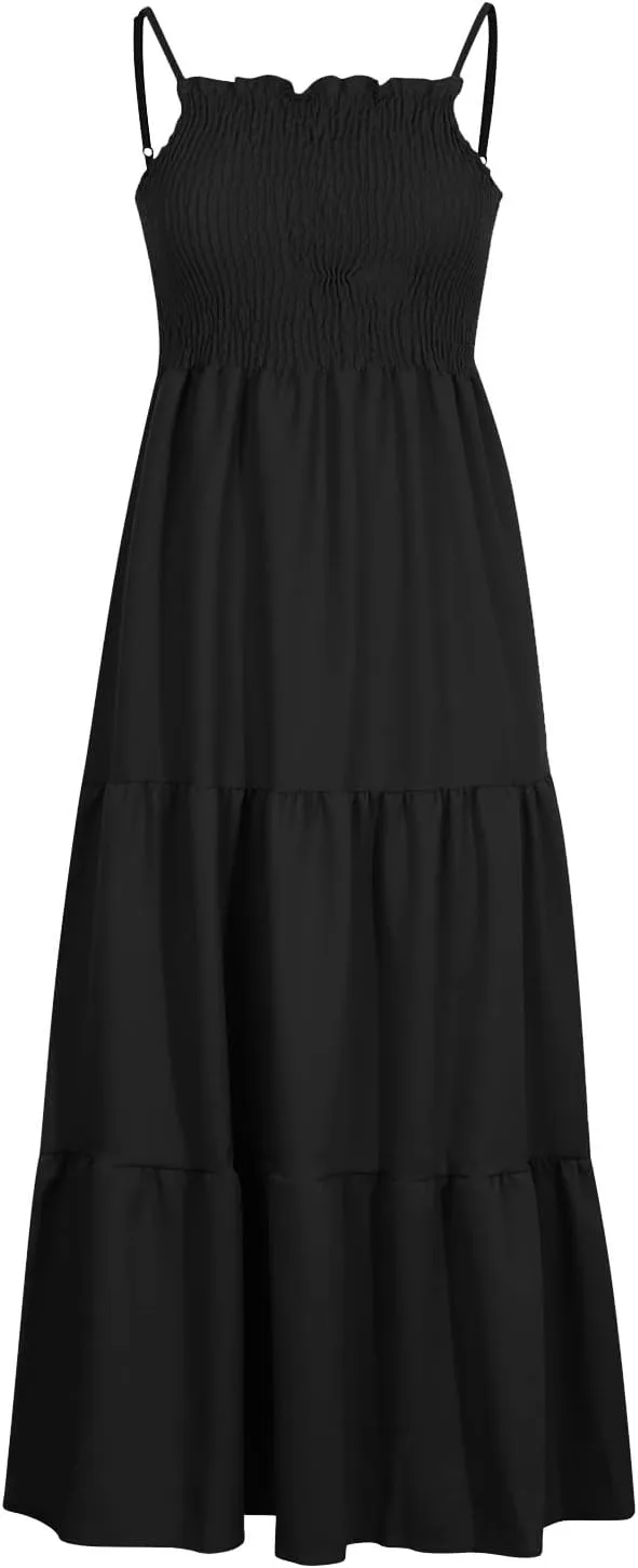 FZYLQY Womens Bohemian Dresses Spaghetti Strap Smocked Tiered Long Beach Sundresses Summer Sleeveless Solid Flowy Maxi Dress
