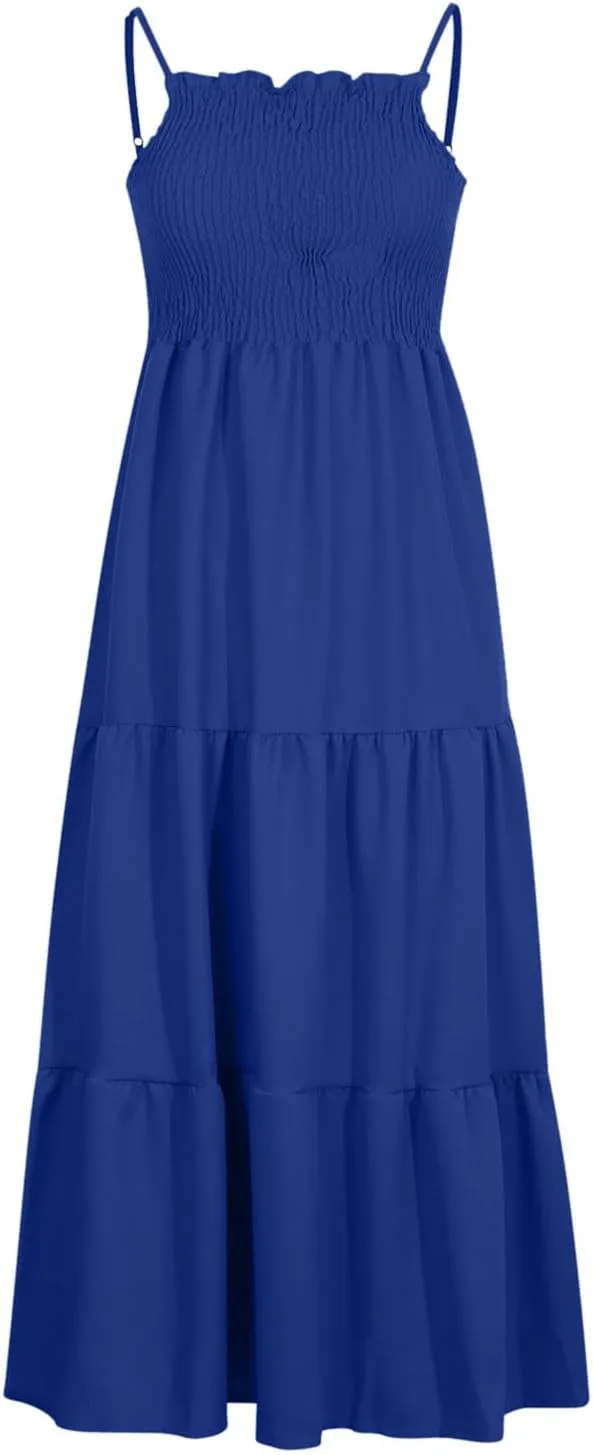 FZYLQY Womens Bohemian Dresses Spaghetti Strap Smocked Tiered Long Beach Sundresses Summer Sleeveless Solid Flowy Maxi Dress