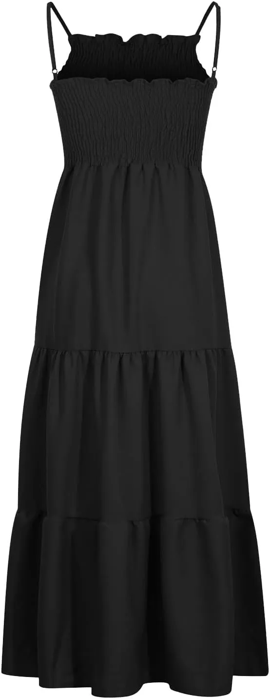 FZYLQY Womens Bohemian Dresses Spaghetti Strap Smocked Tiered Long Beach Sundresses Summer Sleeveless Solid Flowy Maxi Dress