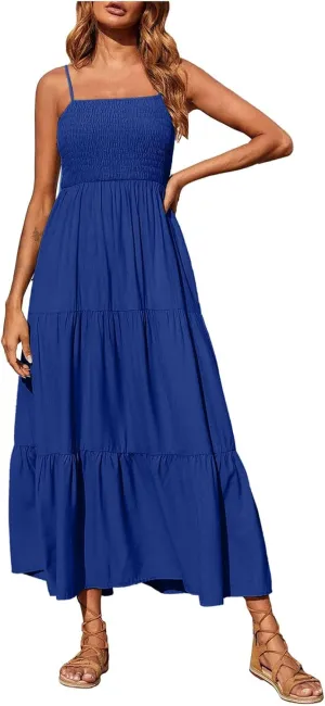 FZYLQY Womens Bohemian Dresses Spaghetti Strap Smocked Tiered Long Beach Sundresses Summer Sleeveless Solid Flowy Maxi Dress