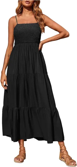 FZYLQY Womens Bohemian Dresses Spaghetti Strap Smocked Tiered Long Beach Sundresses Summer Sleeveless Solid Flowy Maxi Dress