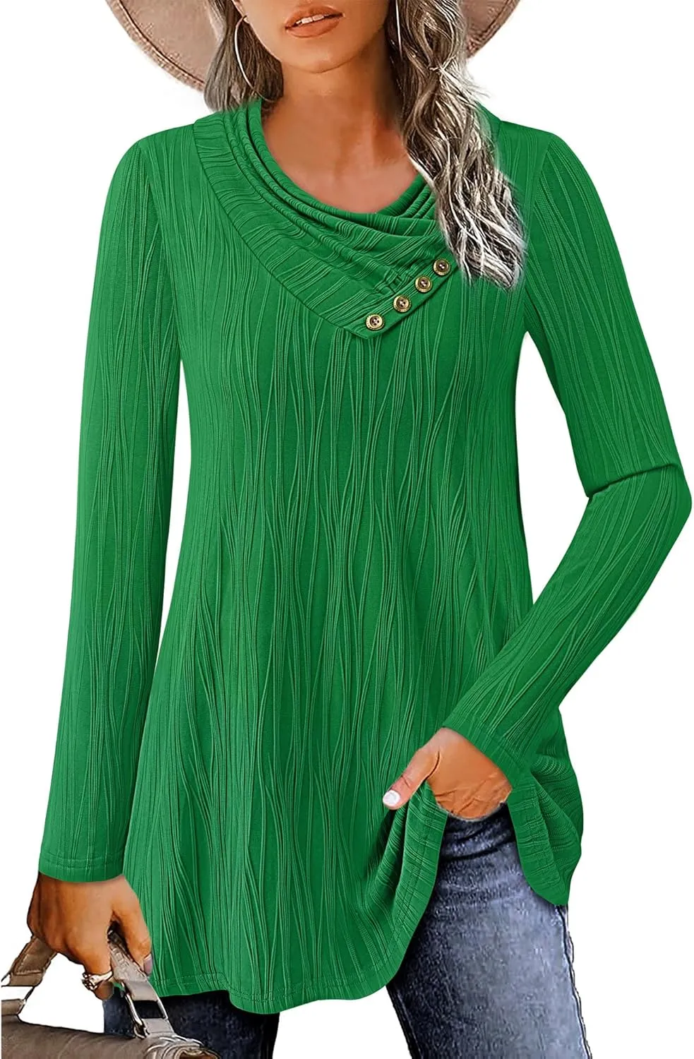 Gaharu Women's Long Sleeve Button Cowl Neck Floral Printed Casual Tunic Tops