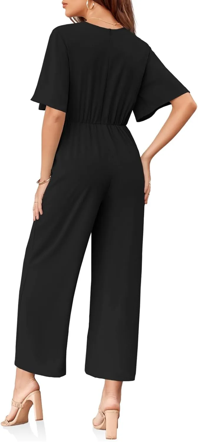 GAMISOTE Womens Wide Leg Jumpsuits Short Sleeve Tie Knot Front Summer Long Romper