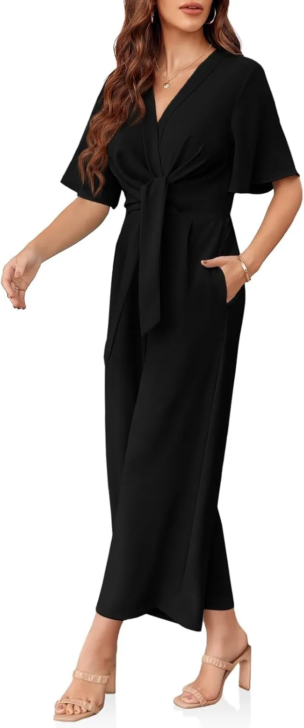 GAMISOTE Womens Wide Leg Jumpsuits Short Sleeve Tie Knot Front Summer Long Romper